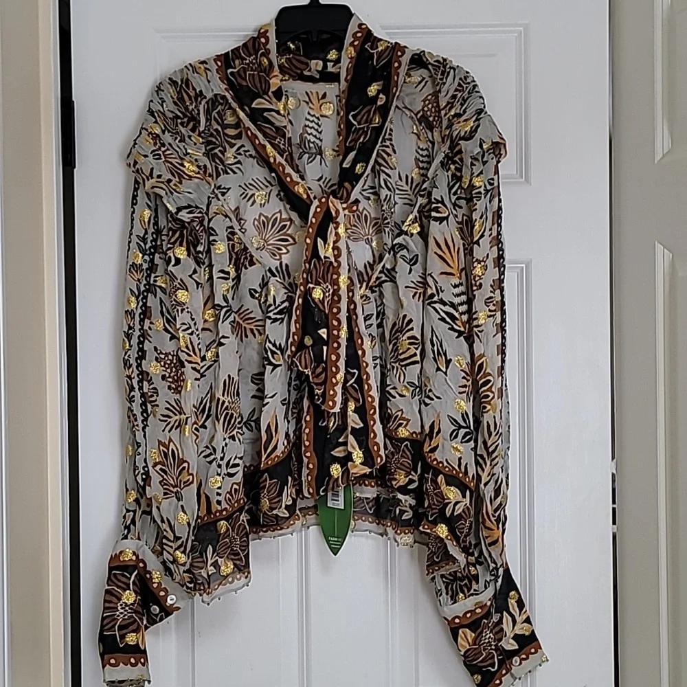 Farm Rio  Floral Tapestry Embroidered Bishop-Sleeve Blouse - Picture 8 of 10